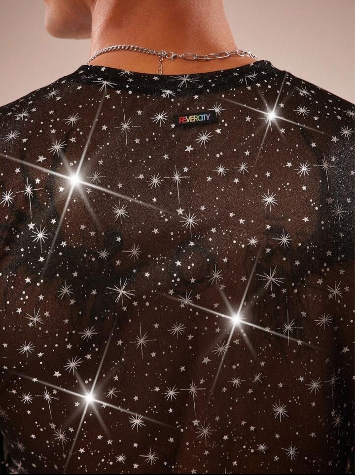 Men's Mesh Sheer Glitter Round Neck T-Shirt